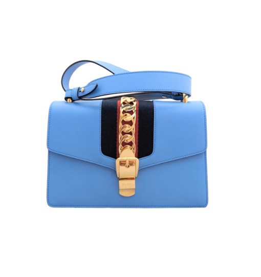 GUCCI Sylvie flap chain blue Leather Bag